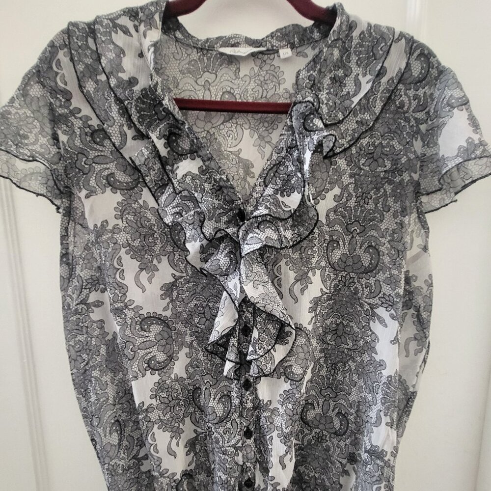 Reitmans Ruffle V-Neck Mesh Blouse - Black & White Lace Print - Large